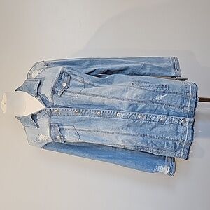 Tribal jeans  Long Distressed Light Denim Jacket w Pockets, Thigh Length size L